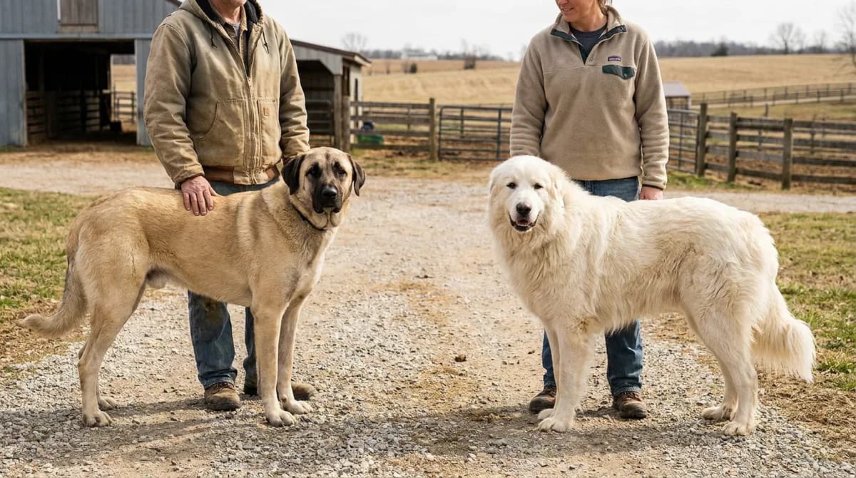 Fawn Anatolian Shepherd and white Great Pyrenees stand apart beside separate handlers.