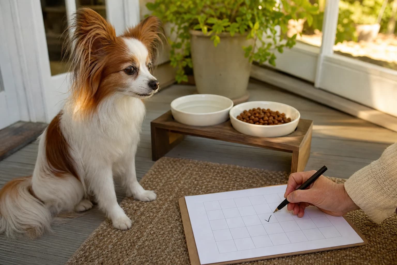Owner marking a blank tracking grid beside a Papillon's measured meal