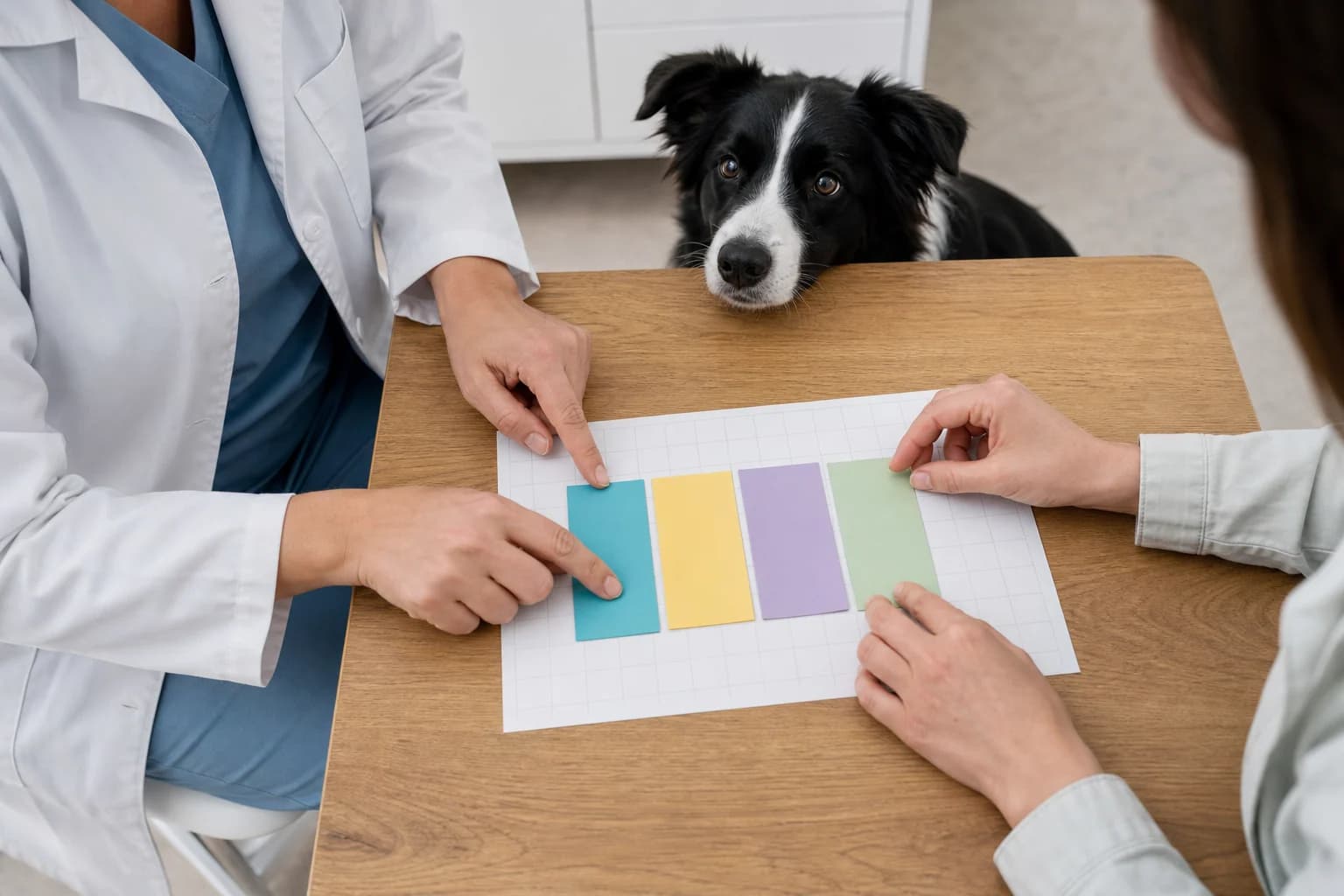 Veterinarian and dog owner organizing supplement-selection goals without generic products