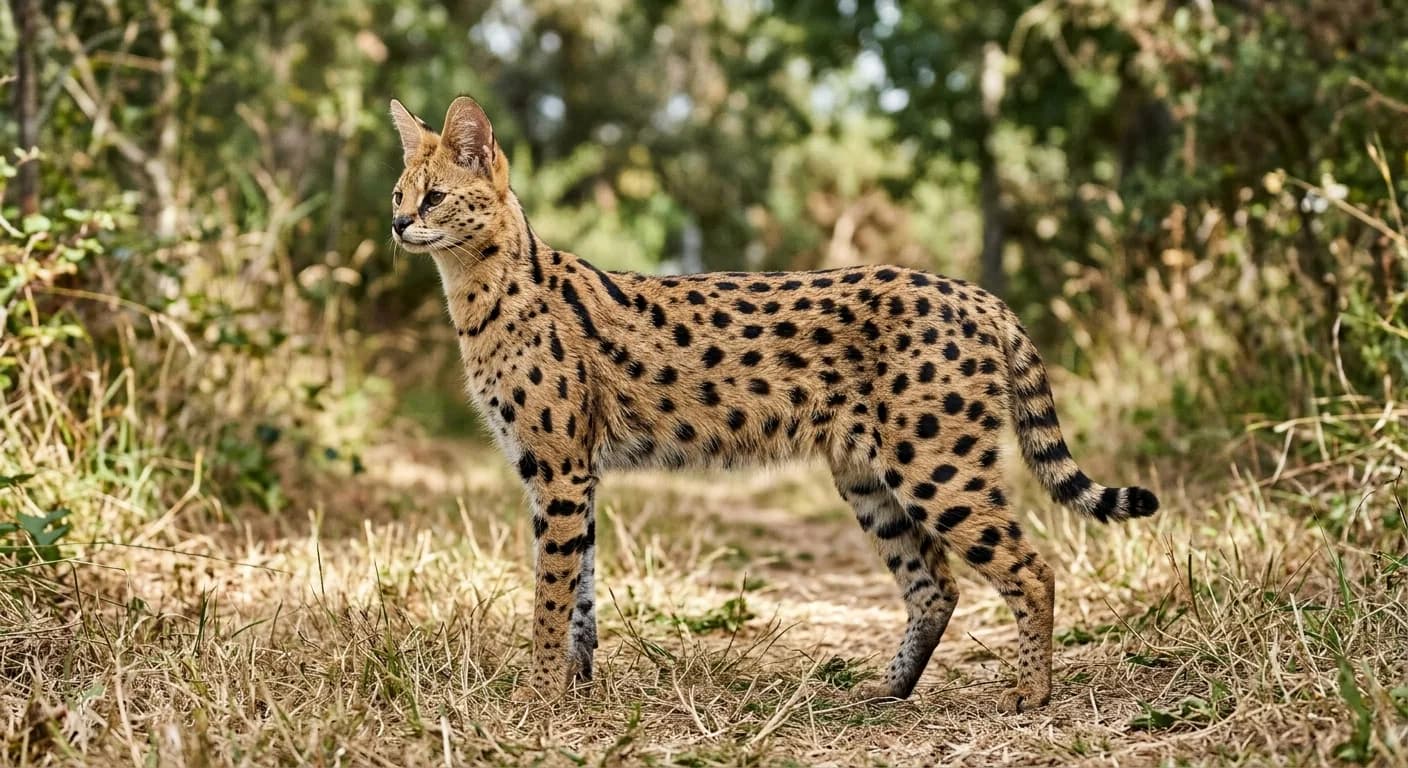 Tall, athletic spotted Savannah cat standing alert in profile, showing the long legs, large ears, and serval-like coat that fuel questions about whether the breed is dangerous