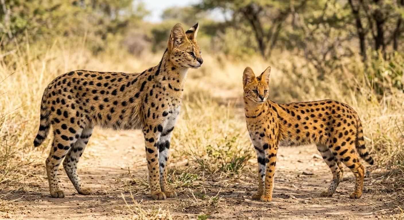 Side-by-side size comparison of a tall, heavy wild African serval and a smaller, slimmer spotted Savannah cat, showing why the domestic hybrid is far smaller than its wild parent