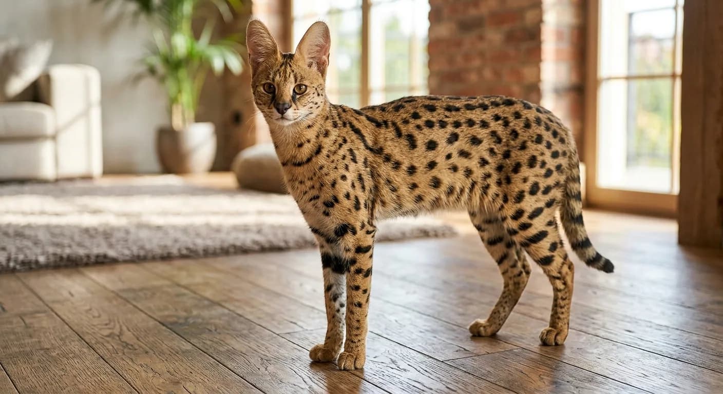 Tall spotted Savannah cat with large ears and a slender serval-like body standing alert on a wood floor, illustrating the wild appearance that drives ownership laws