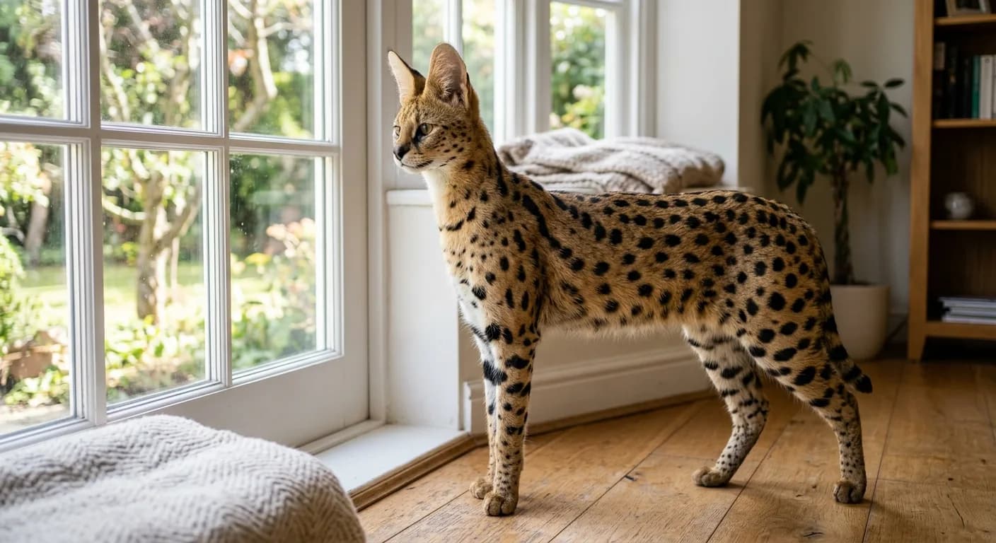 Tall spotted Savannah cat with long legs and large upright ears beside a window, showing the serval-like build that early generations inherit and that drives legal restrictions