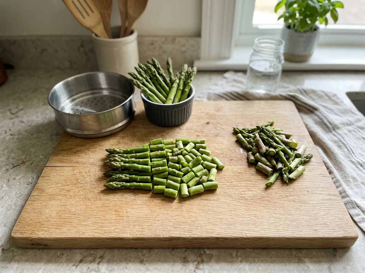 Fresh asparagus trimmed and chopped into bite-size pieces on a cutting board, showing how to prepare asparagus for dogs