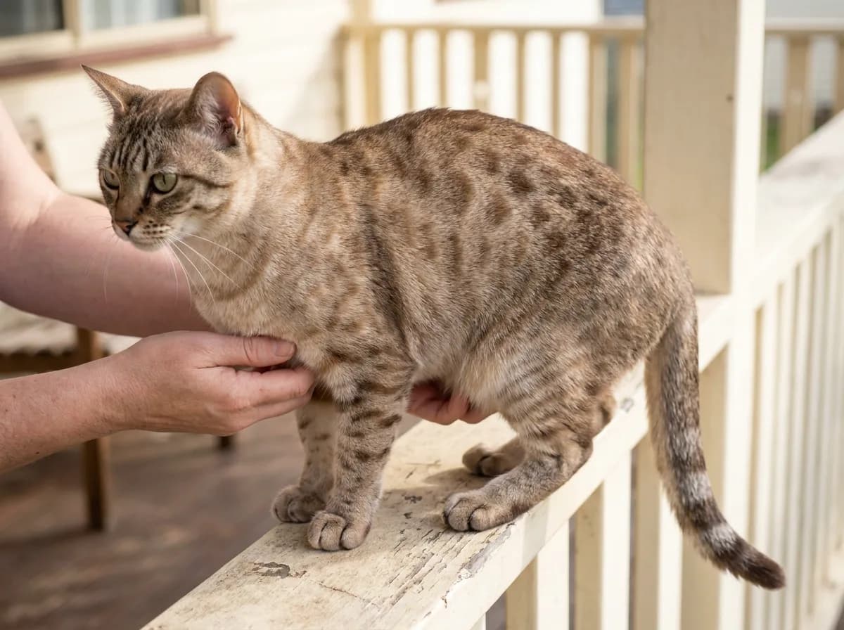 Brown spotted Australian Mist with muted markings standing on a low rail