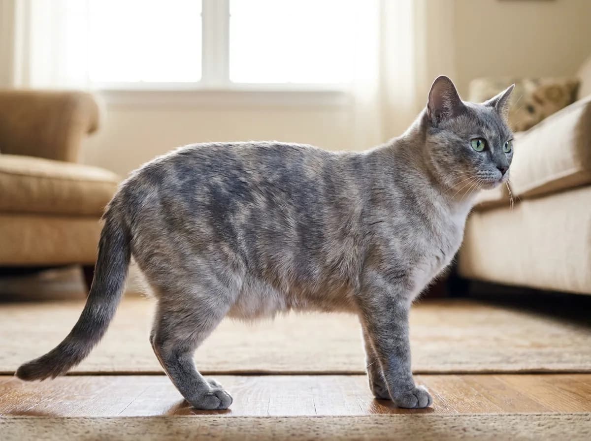 Blue marbled Australian Mist standing in side profile indoors