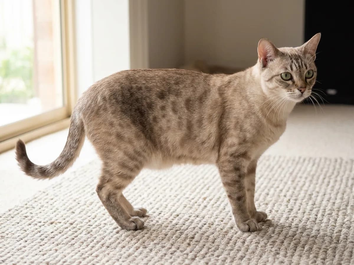 Spotted Australian Mist standing side-on with muted coat markings