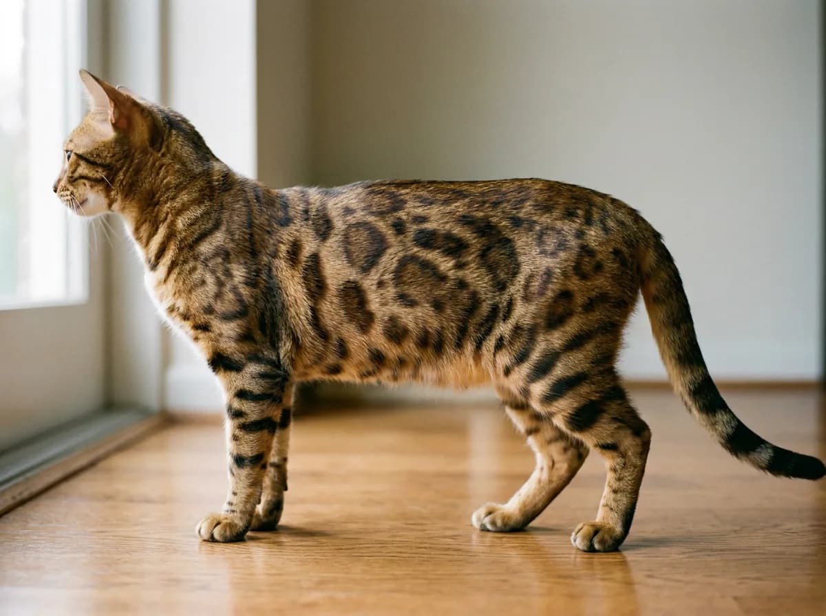 Brown Bengal standing in profile with dark-edged rosettes visible