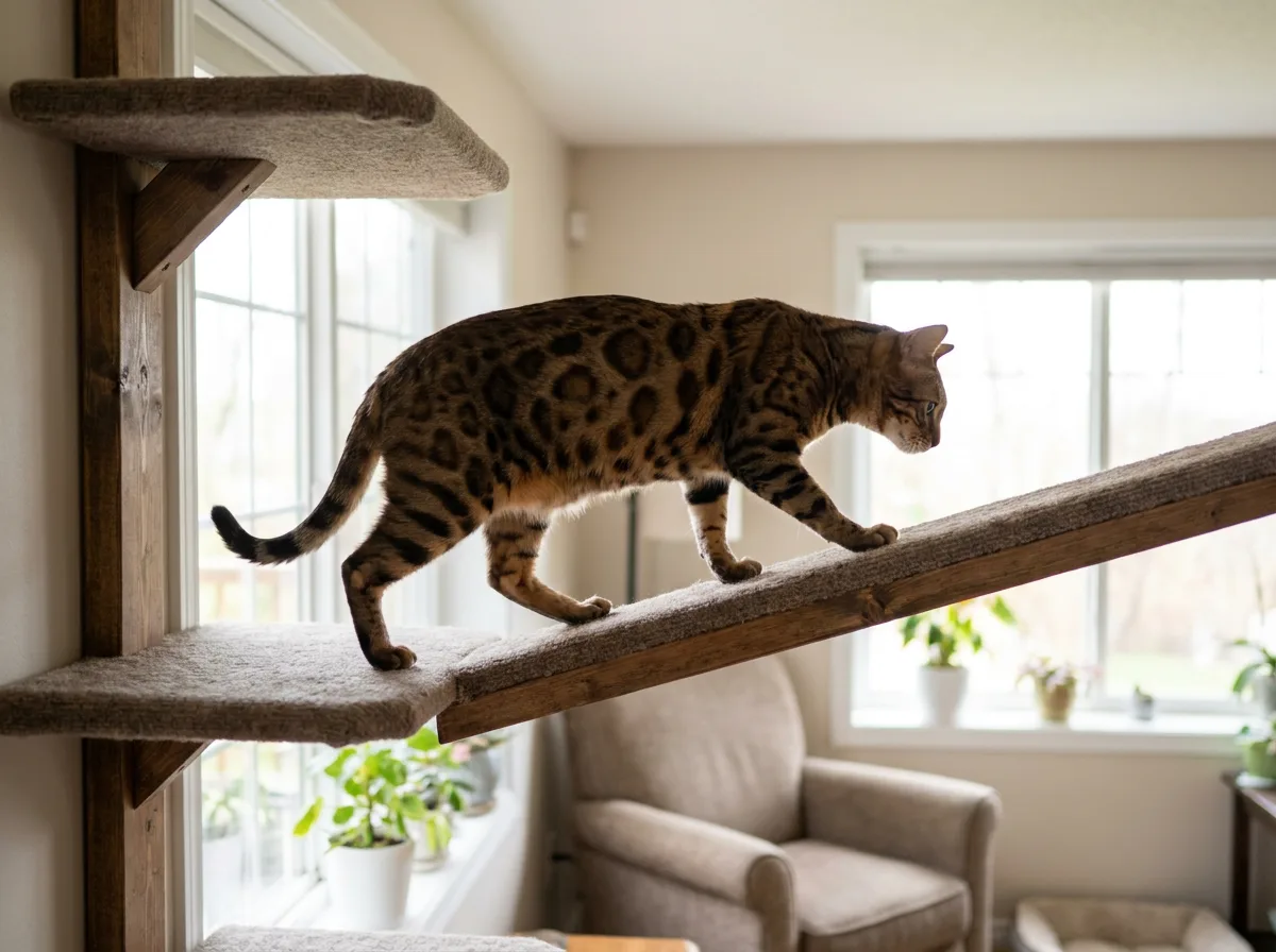 Rosetted Bengal walking along a stable indoor climbing ramp