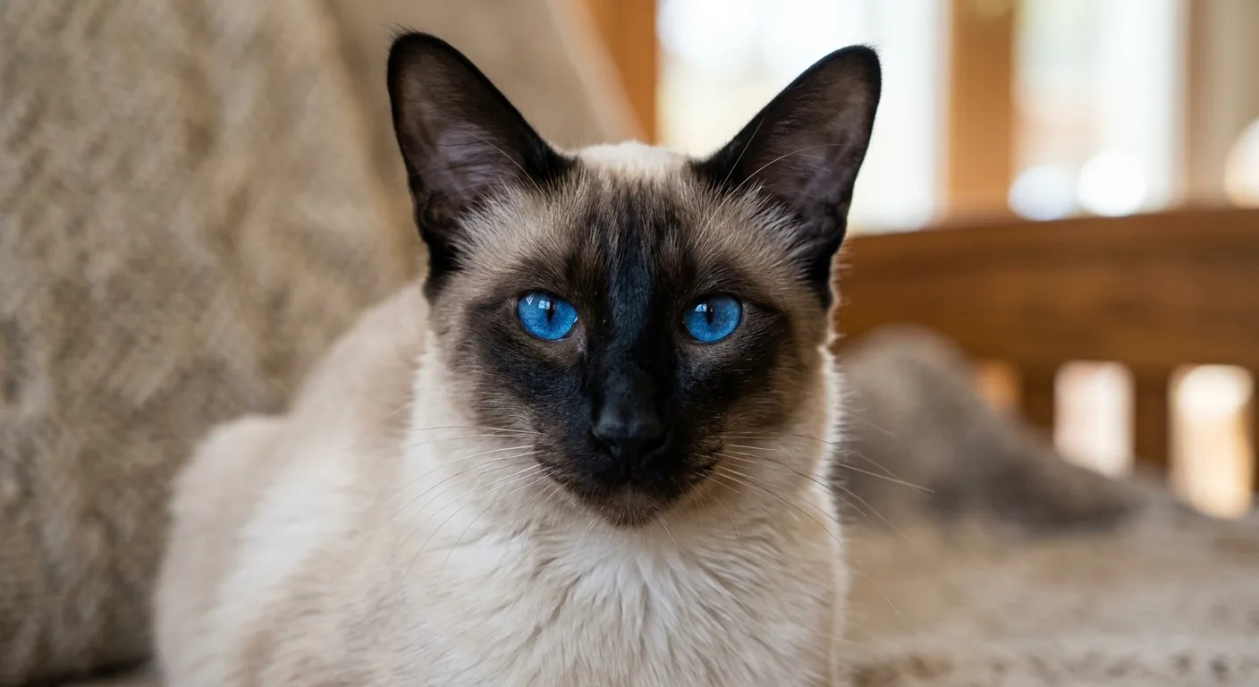 Portrait of a seal-point Balinese cat's face highlighting the characteristic vivid sapphire-blue almond-shaped eyes, a hallmark of the breed