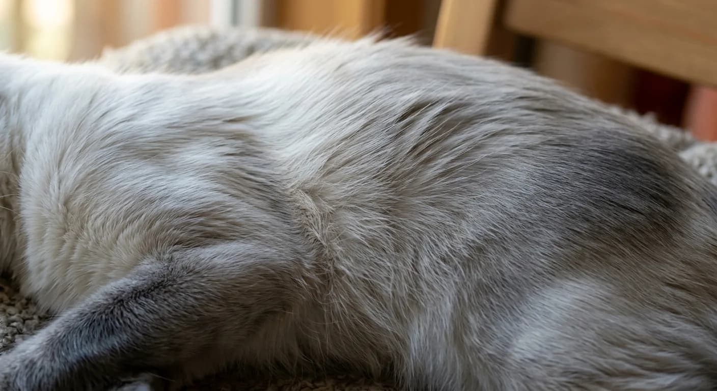 Close-up of a blue-point Balinese cat's semi-long coat showing the pale bluish-white body with slate-gray points, individual hairs lying flat in a single layer with natural sheen