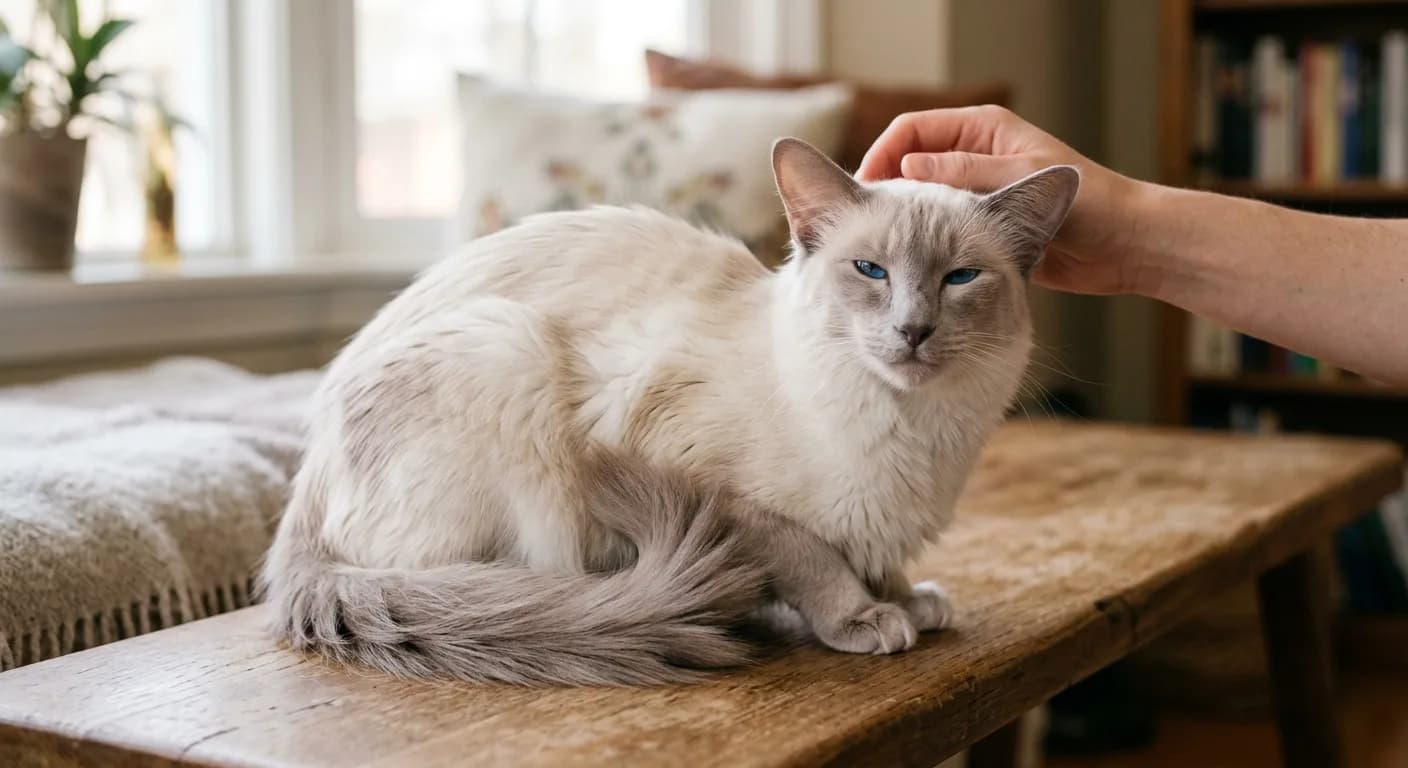 A lilac-point Balinese cat sitting calmly on a wooden bench being gently stroked, illustrating relaxed owner interaction