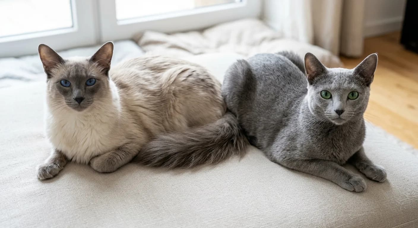 Side-by-side photo of a blue-point Balinese cat (silky semi-long coat, blue eyes) and a Russian Blue cat (short dense silver-blue coat, green eyes) illustrating two lower-allergen breed options