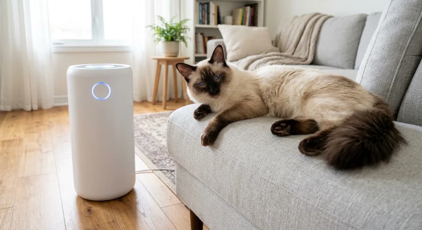 A HEPA air purifier running beside a couch in a bright living room where a chocolate-point Balinese cat rests on the sofa contentedly