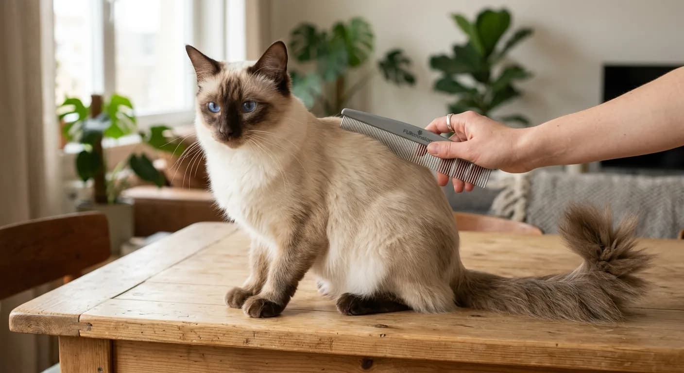 A seal point Balinese cat being groomed with a fine-tooth metal comb on a wooden table, showing its semi-long silky single-layer coat lying flat and a plumed feathered tail draped to one side