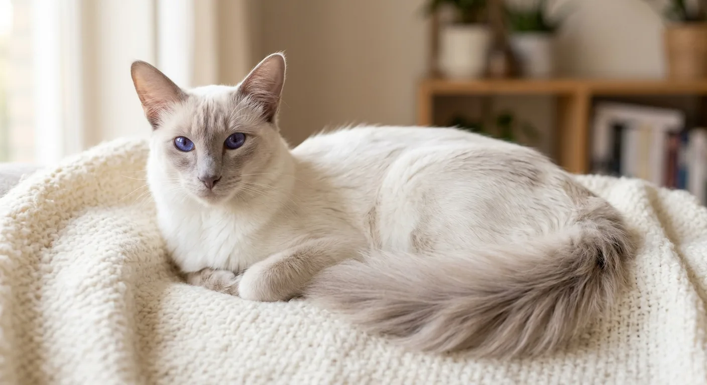 A lilac point Balinese cat resting on a cream knit blanket, showing its pale pinkish-grey point markings on a glacial-white body, vivid blue eyes, semi-long silky coat, and a plumed tail curled to one side