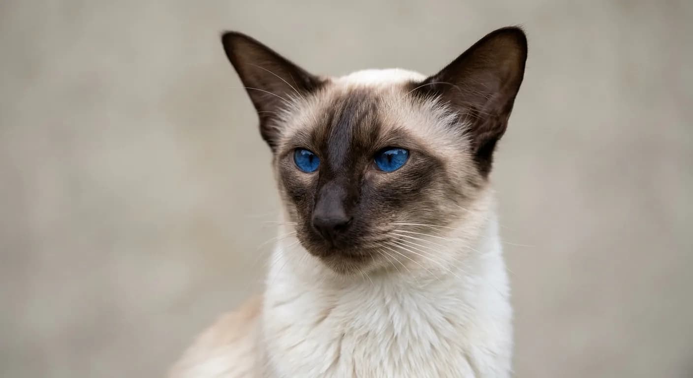Close-up portrait of a seal point Balinese cat with a long narrow wedge-shaped head, large wide-set triangular ears, a well-defined dark seal point mask, and vivid deep blue almond-shaped eyes slanted at the outer corners