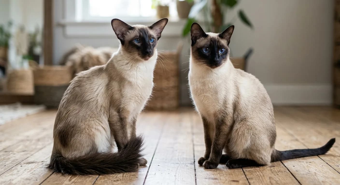 Two seal point cats sitting side by side on a wood floor: a modern wedge-type cat on the left with a plumed tail and elongated head, and a traditional-type cat on the right with a slightly rounder head and thin smooth tail, both with vivid blue eyes