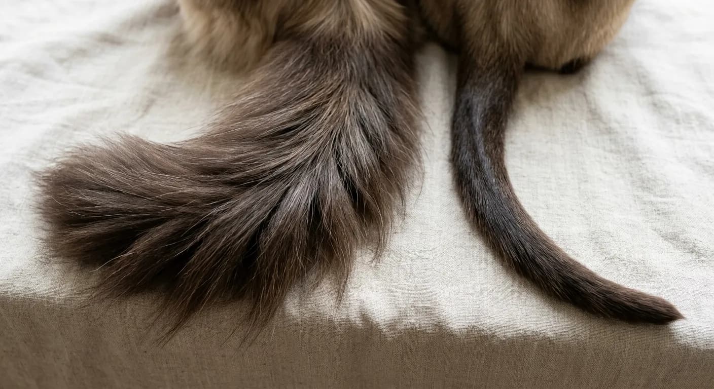 Close-up comparison of two cat tails side by side on a linen surface: a Balinese cat's long bushy plumed tail on the left fanning out with long silky flowing fur, next to a Siamese cat's thin dark smooth whip-like tail on the right with no feathering