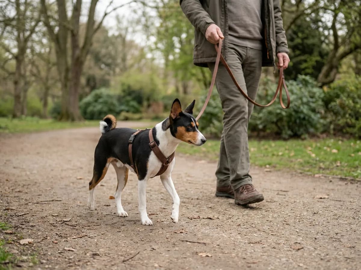 Tricolor Basenji walks beside an adult on a loose lead along a level path.