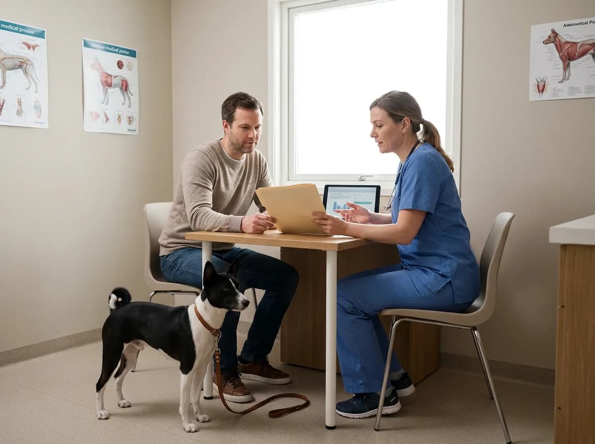 Veterinarian and owner discuss a folder while a black-and-white Basenji stands nearby.