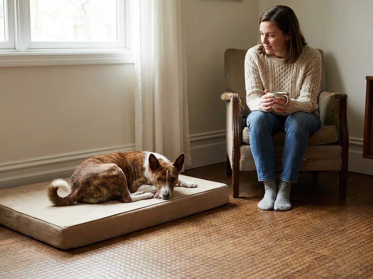 Brindle-and-white Basenji rests on a low bed beside a seated adult.