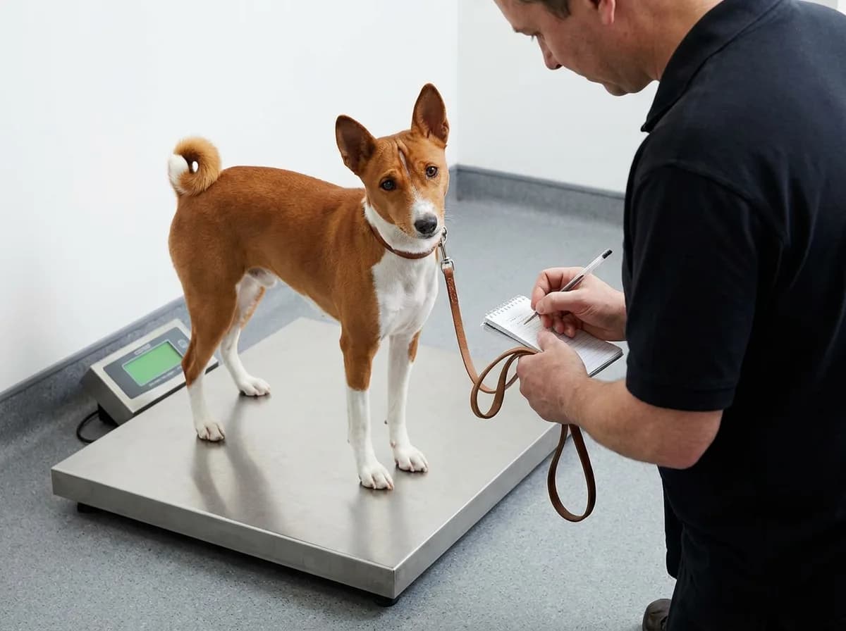 Basenji stands on a low pet scale while an adult records a note.