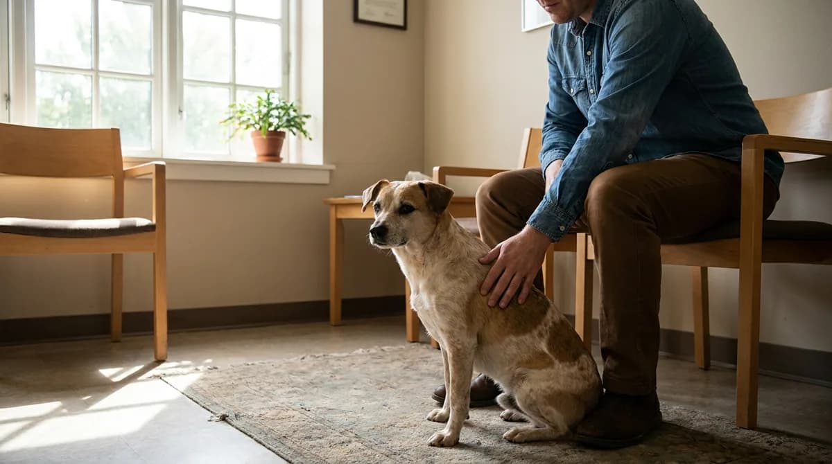 Tan-and-white dog sitting beside a seated adult in a quiet room.