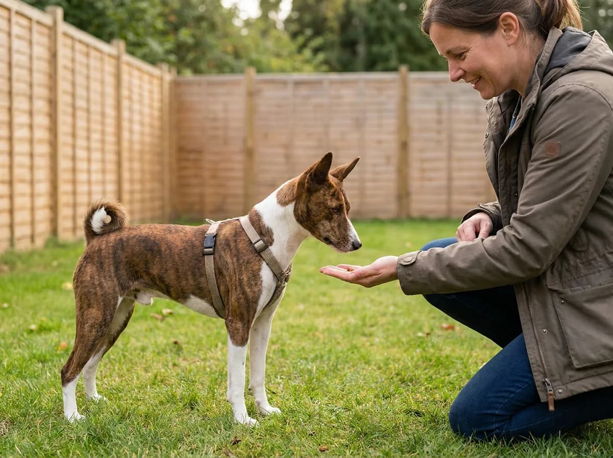 Handler offering a reward to a brindle-and-white Basenji in a fenced garden.