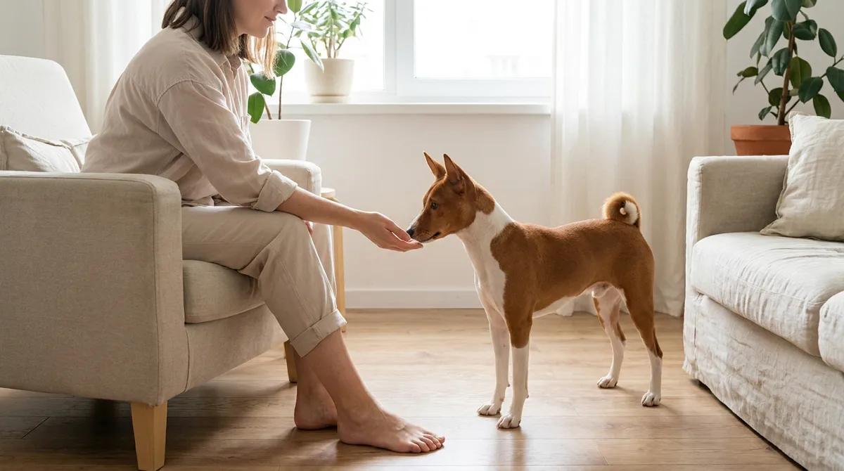 Red-and-white Basenji approaching a seated adult’s open hand in a sitting room.