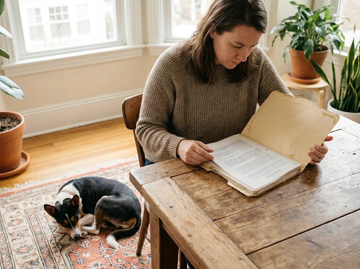 Adult reviewing a folder beside a resting tricolor Basenji.