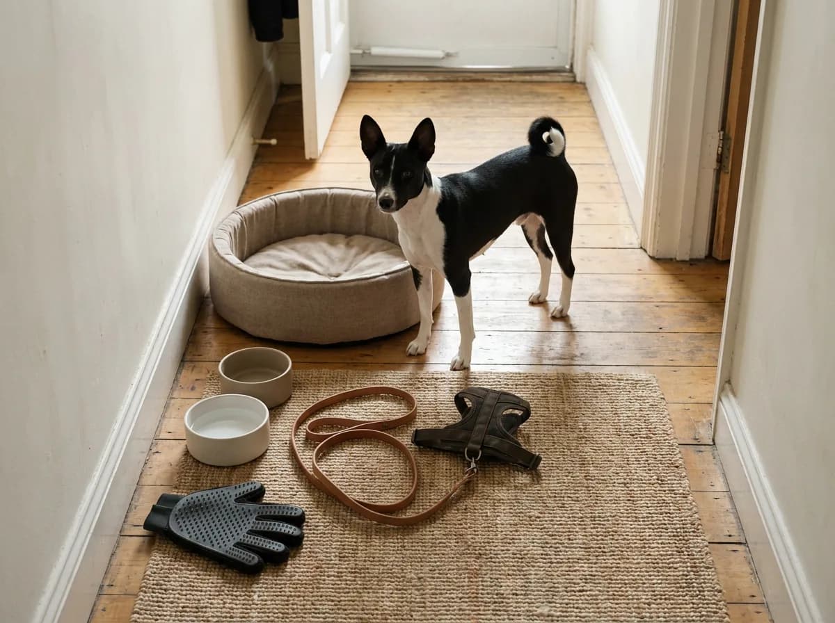 Black-and-white Basenji beside a bed, bowls, leash, harness and grooming glove.