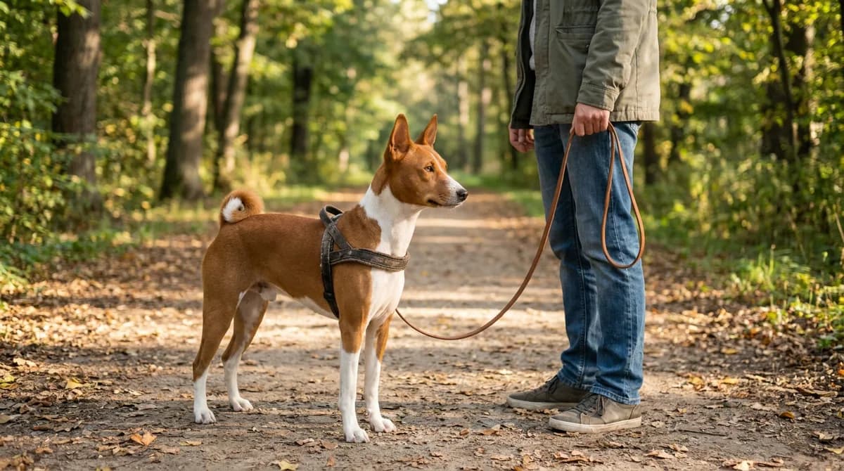 Red-and-white Basenji standing beside its handler on a loose lead.