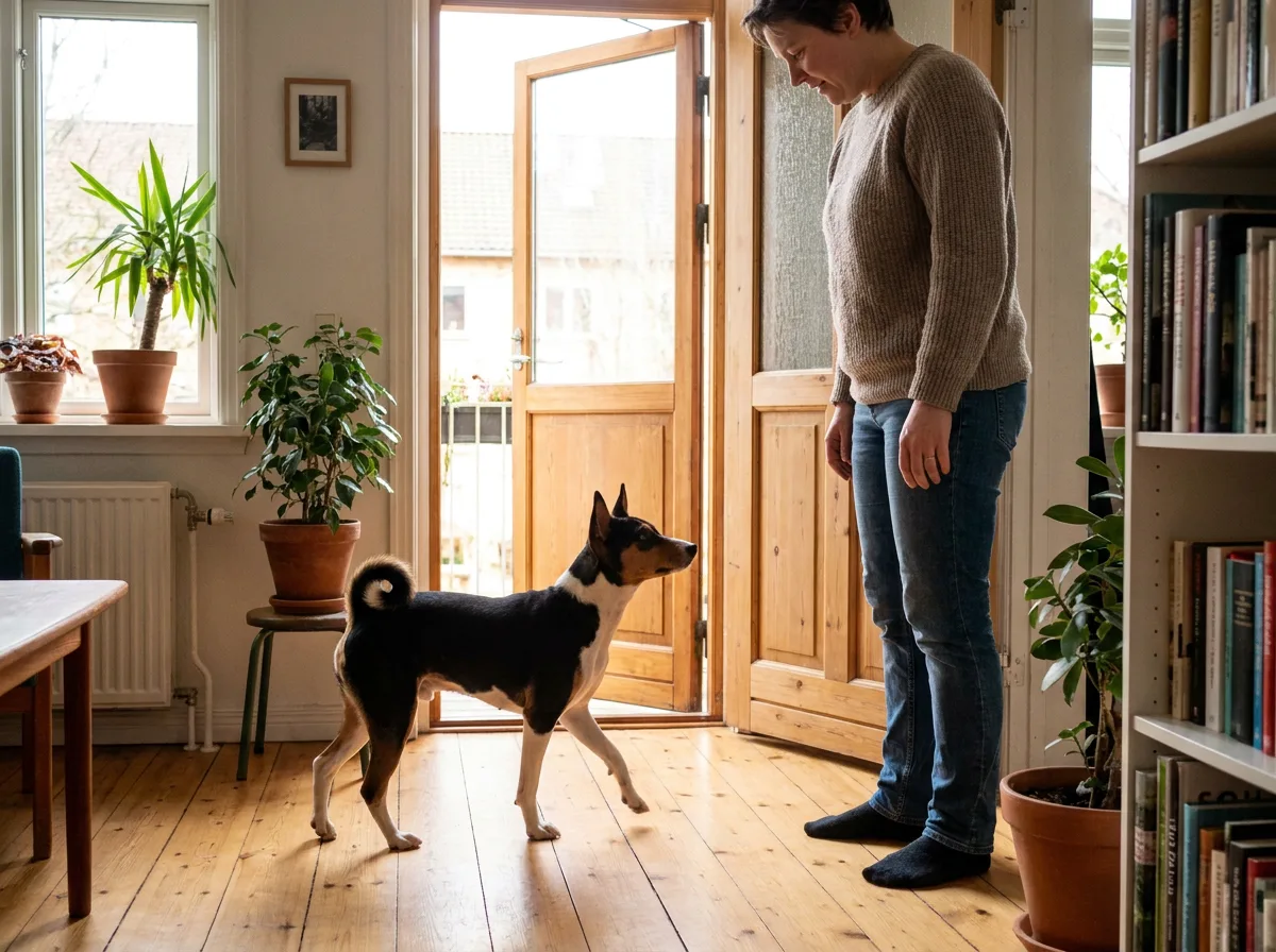 Tricolor Basenji looking toward an adult beside a doorway.