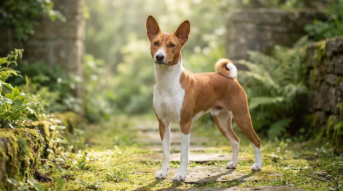 Red-and-white Basenji standing beside a garden path with upright ears and a curled tail.