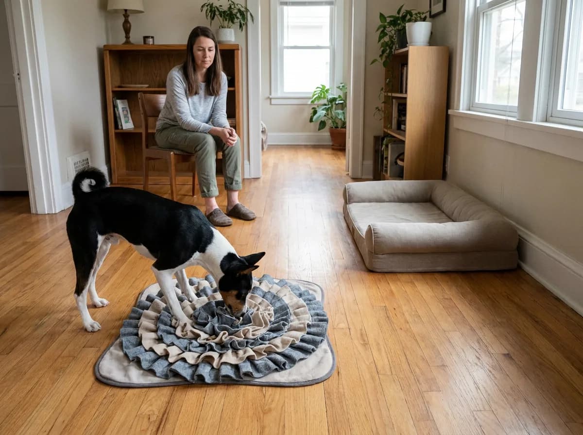Black-and-white Basenji exploring a fabric food-search mat beside a bed while an adult supervises.