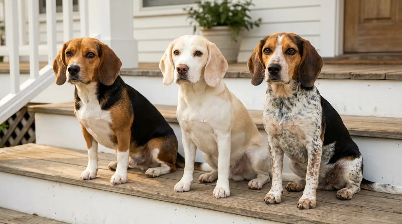 Three Beagles sitting on white porch steps: a black, tan, and white tricolor, a lemon and white, and a ticked bluetick