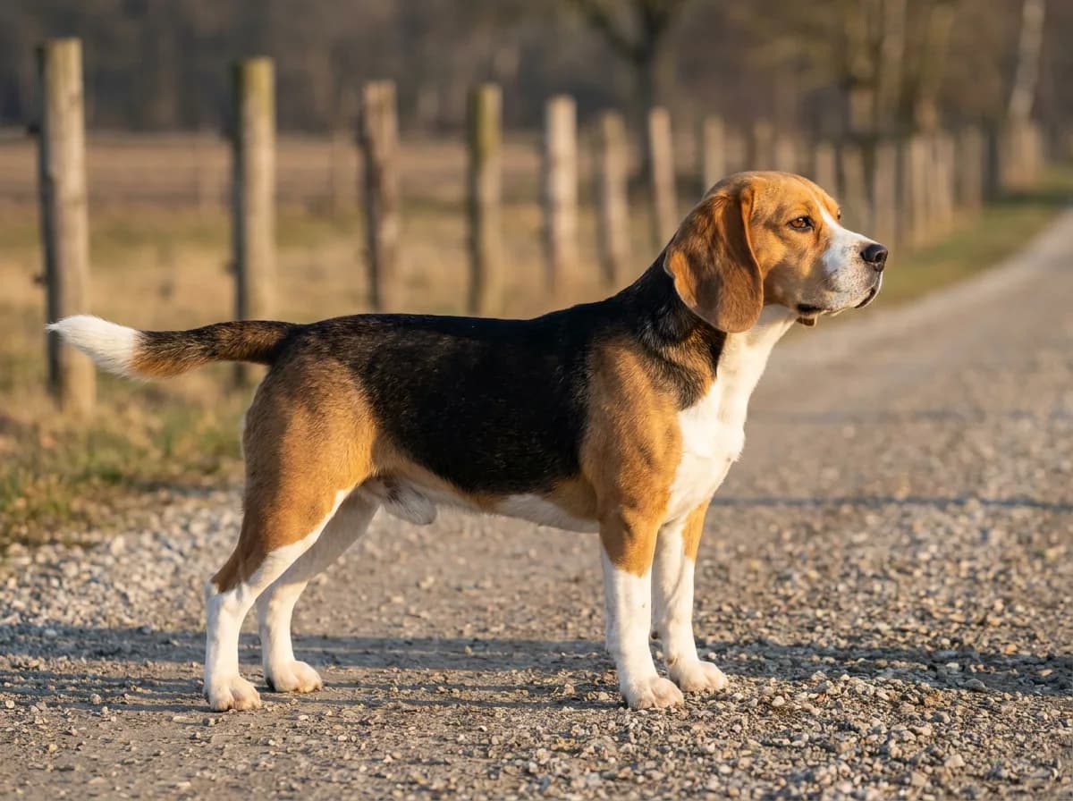 Tricolor Beagle in side profile on a gravel farm lane, with a black saddle, tan head, and white legs and tail tip