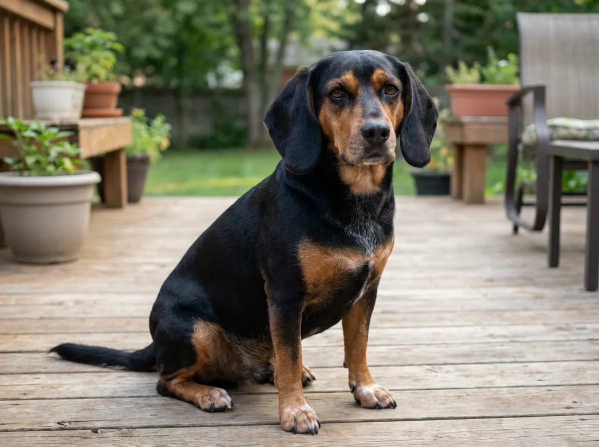 Black-blanketed tricolor Beagle, black over most of its body with tan points and a little white, sitting on a wooden deck