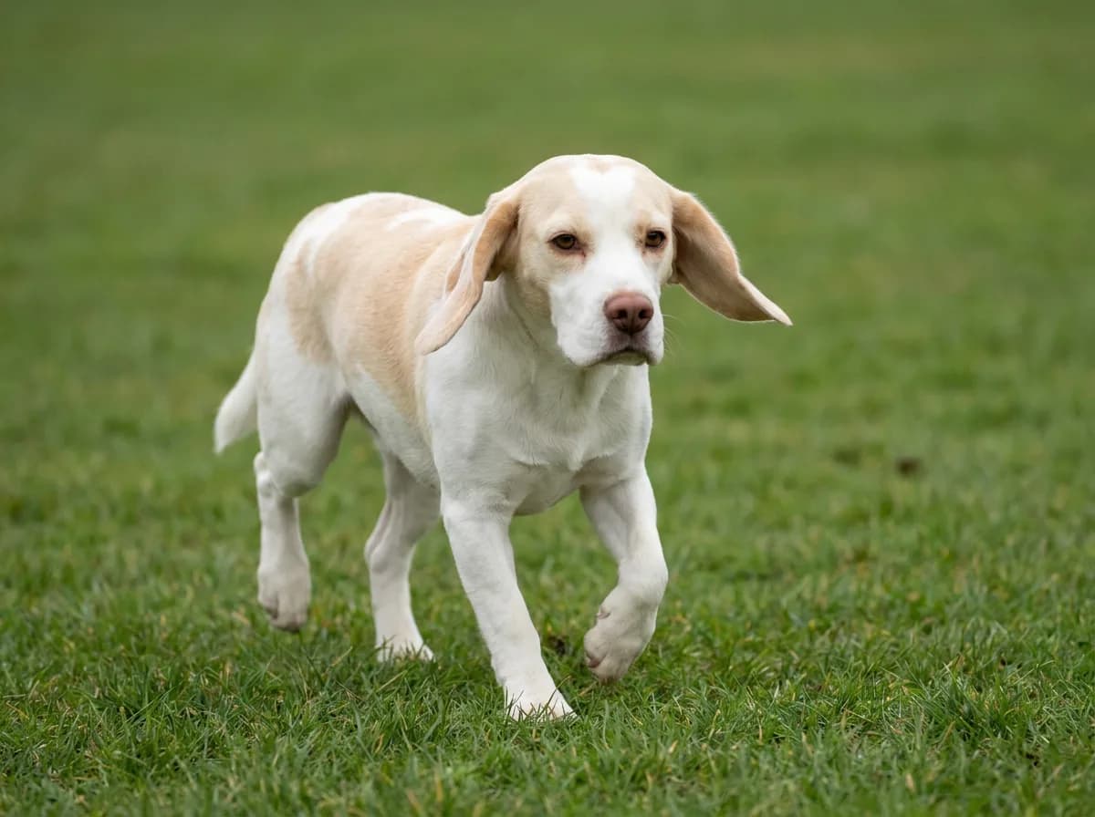Lemon and white Beagle with pale cream patches and a pinkish-brown nose trotting across short green grass