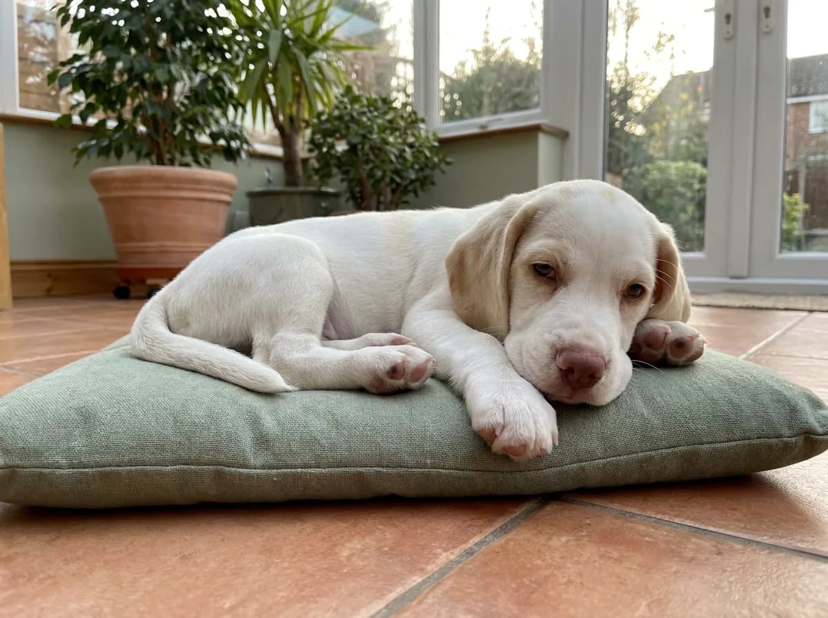 Lemon Beagle puppy with a nearly white coat, faint cream ears, and a pink-brown nose resting on a green cushion