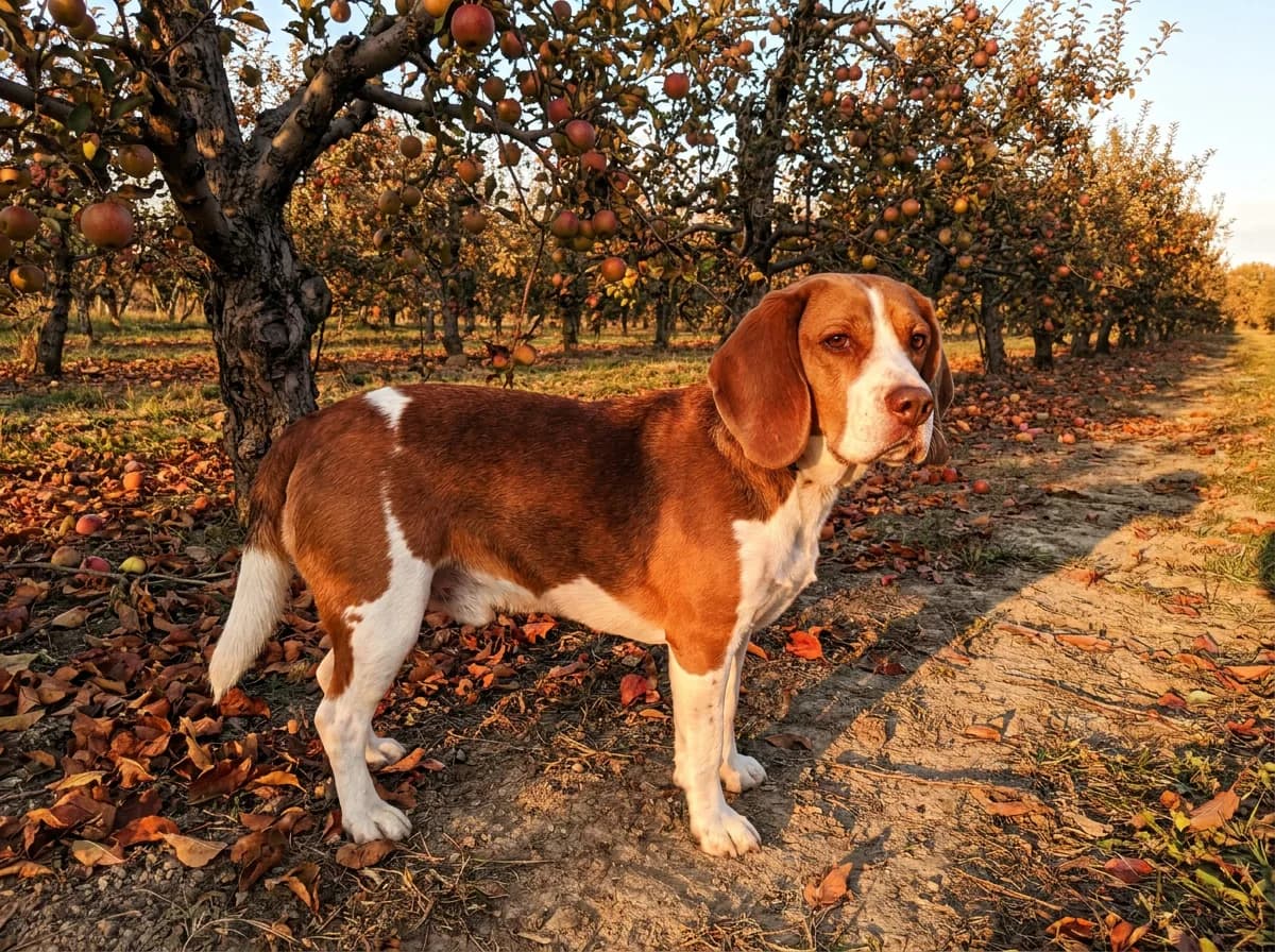 Red and white Beagle with deep red patches on its head, ears, and back standing in an autumn apple orchard