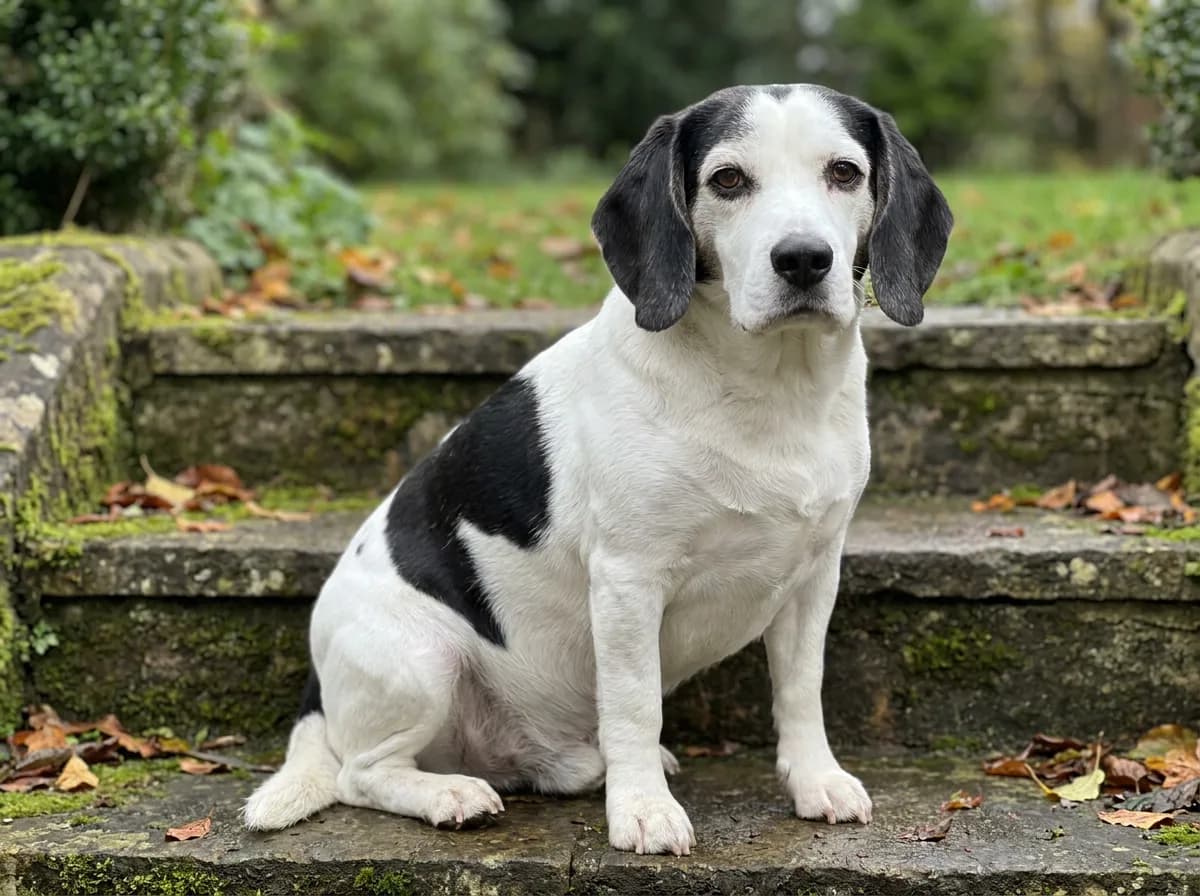 Black and white Beagle with black ears and a black back patch, no tan markings, sitting on mossy stone steps