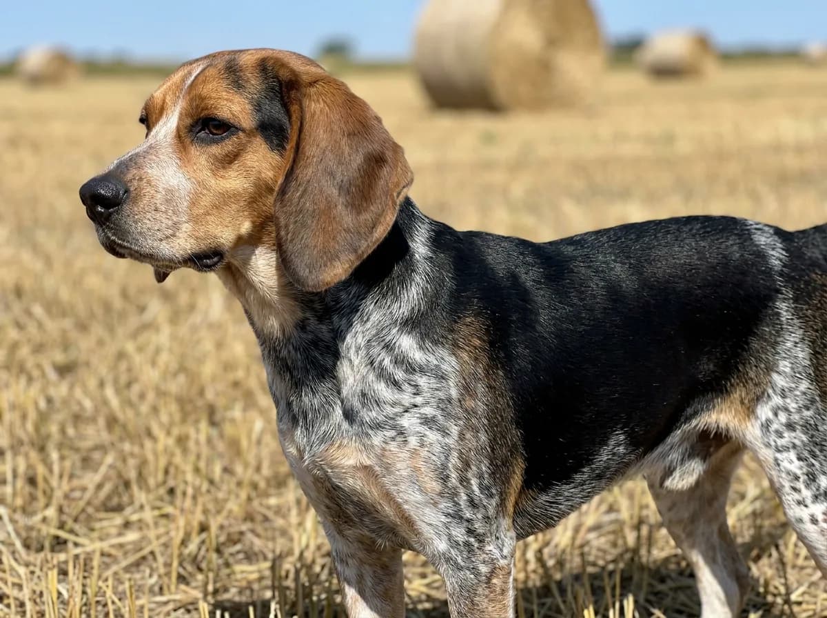 Bluetick Beagle with a tan head, black saddle, and dense black ticking on its white chest and legs, in a hayfield