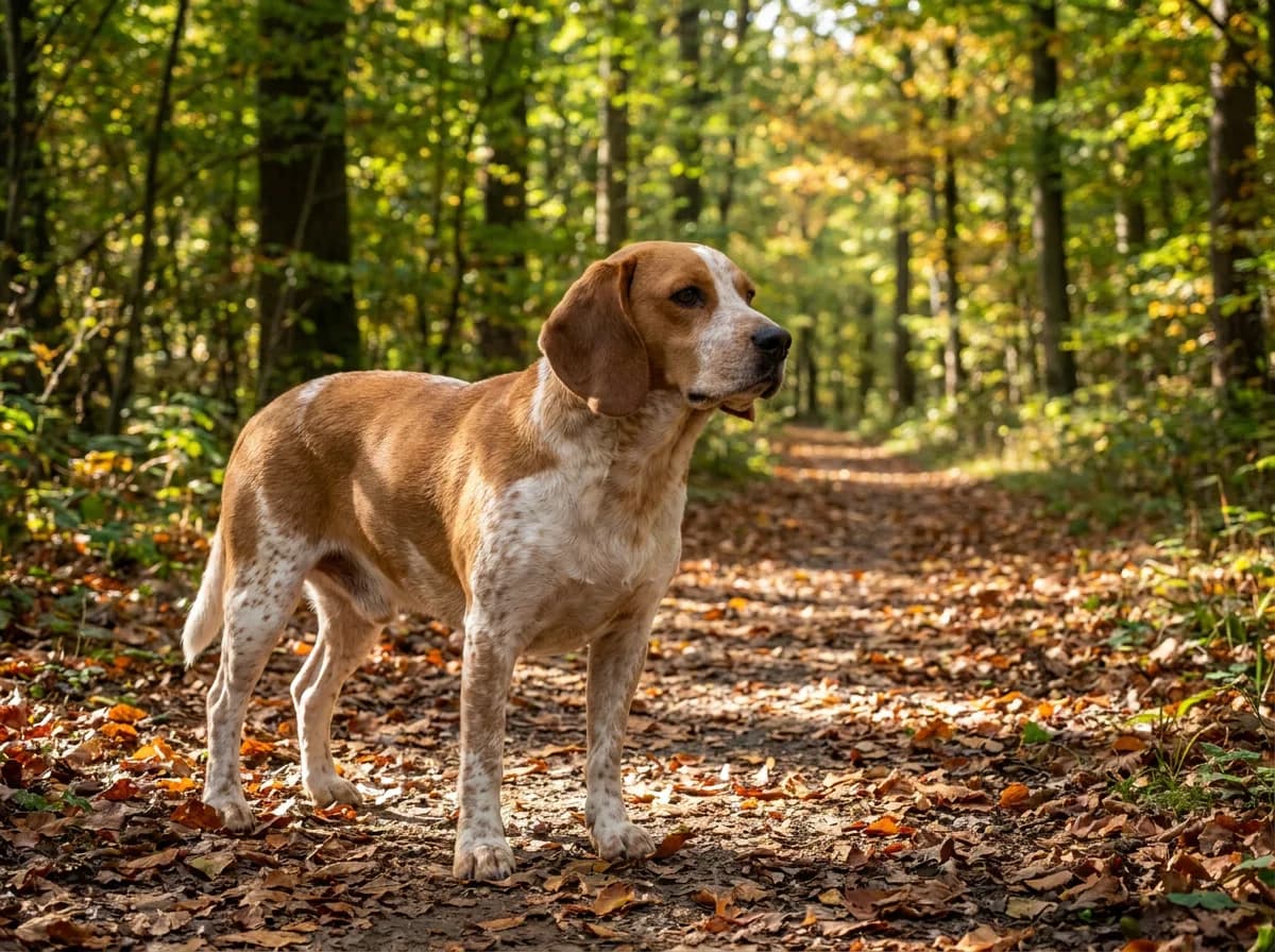 Redtick Beagle with red ticking freckling its white legs, chest, and muzzle, standing on a leafy forest trail