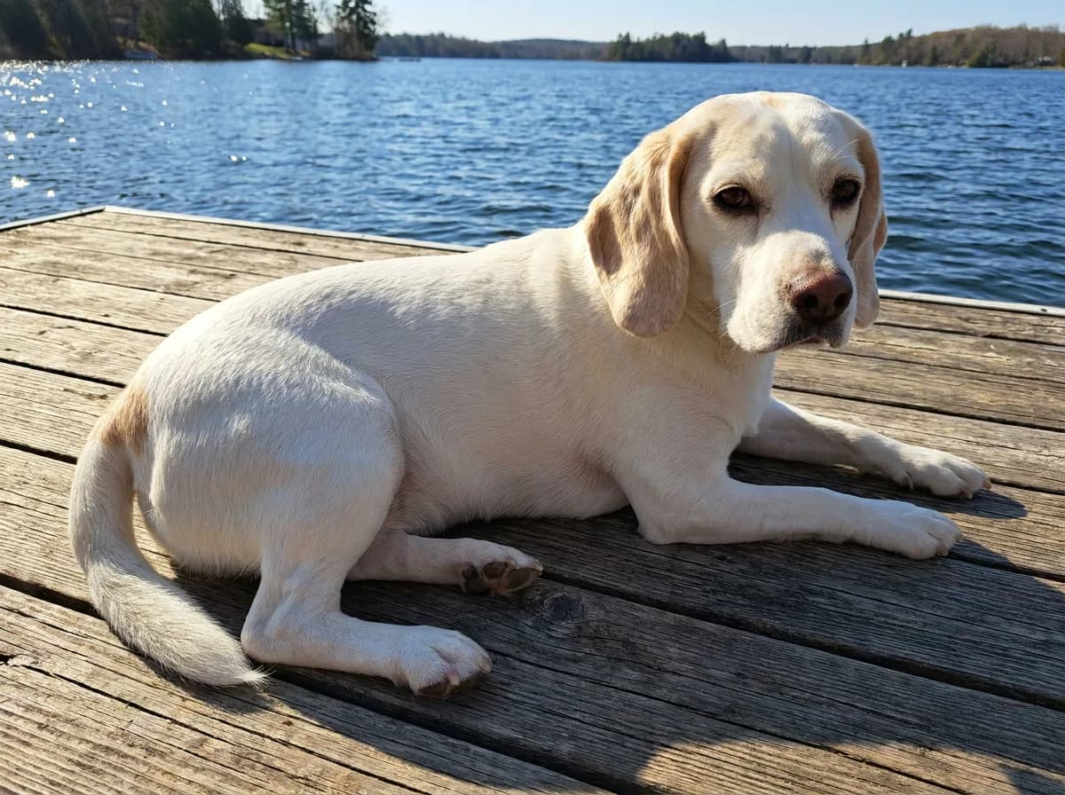 Mostly white Beagle with faint lemon ear patches lying on a sunlit wooden dock beside a lake