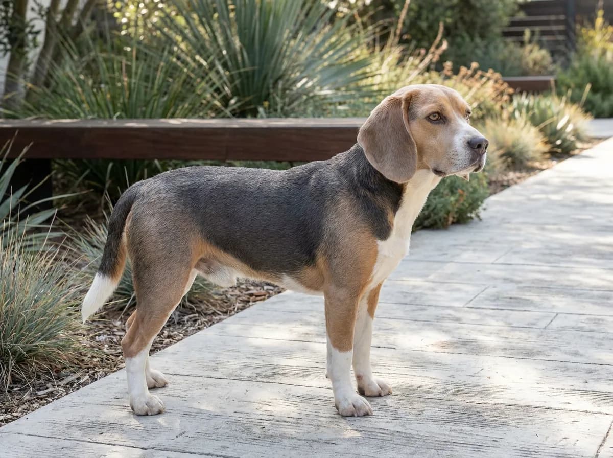 Blue tricolor Beagle with a slate-gray saddle, tan head, white legs, and a gray nose standing on a concrete path