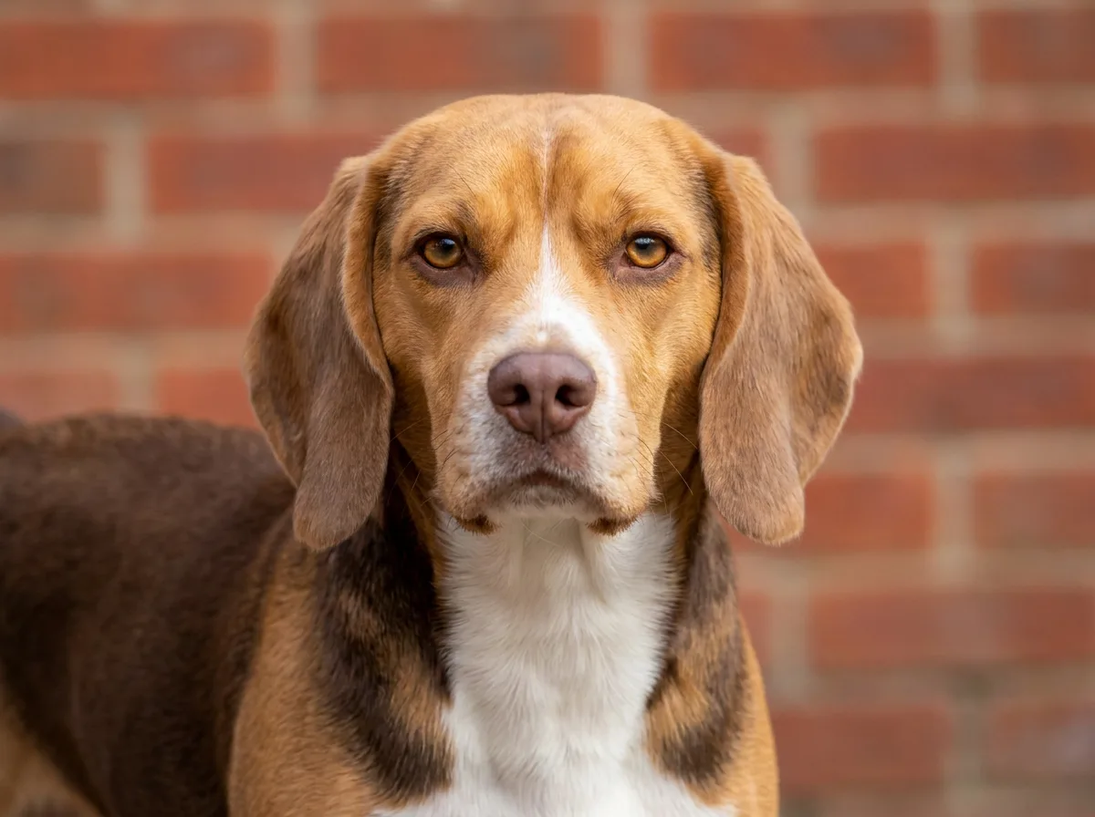 Chocolate tricolor Beagle with a brown saddle, tan face, white chest, liver-colored nose, and amber eyes