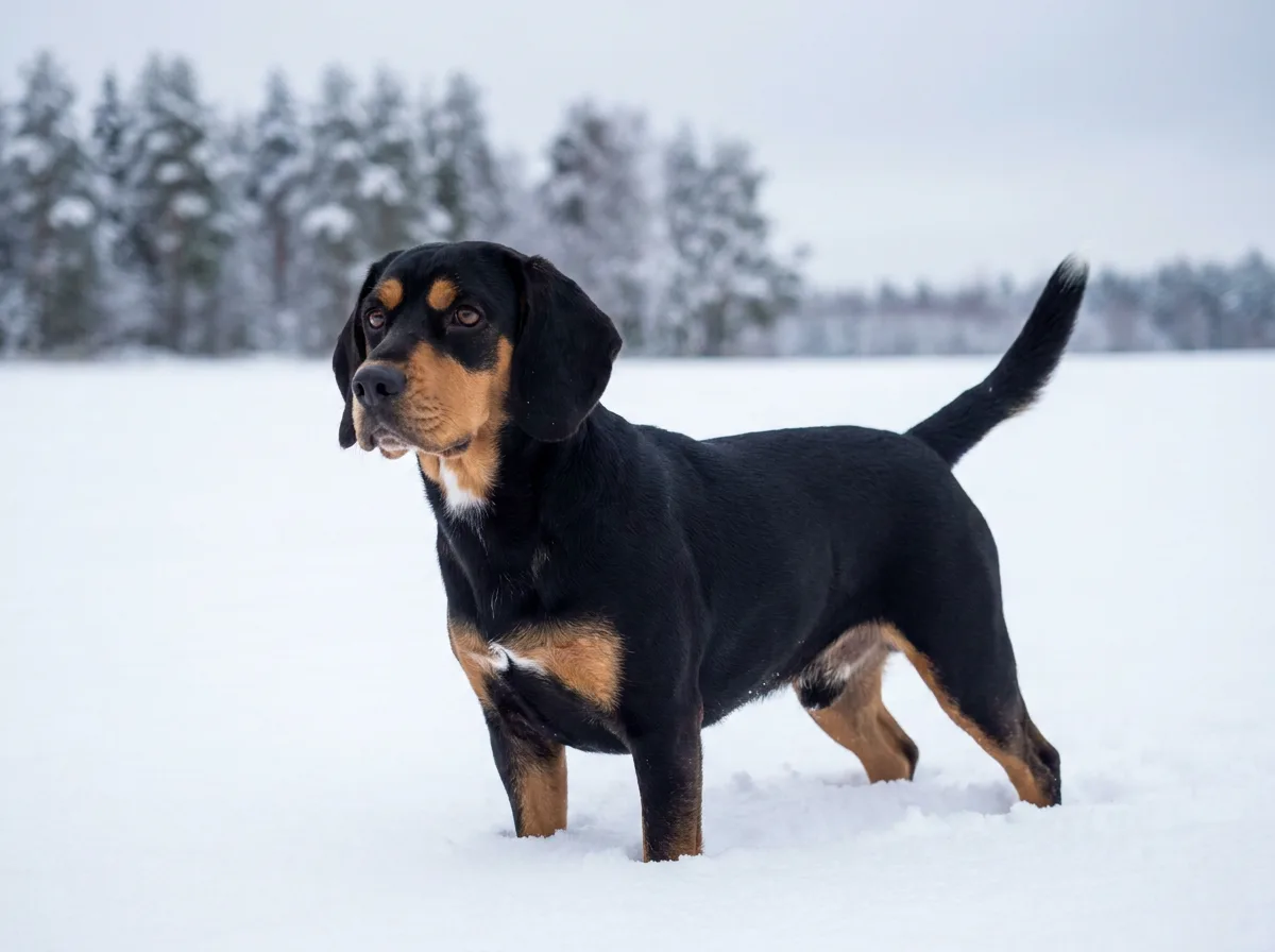 Mostly black Beagle with tan points on the face, chest and legs and a small white chest mark, standing in snow