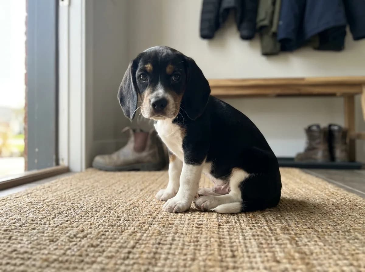 Tricolor Beagle puppy with a black head and back, white legs, and tan just showing on its face, sitting on a jute mat
